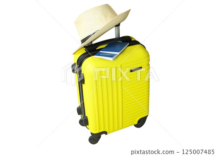 A suitcase with a straw hat, ready for summer adventures, isolated on white 125007485