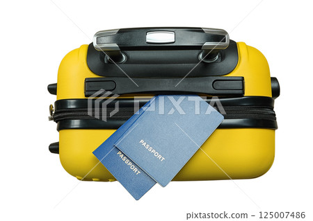 Yellow suitcase and blue passport, set for summer fun, isolated on white 125007486