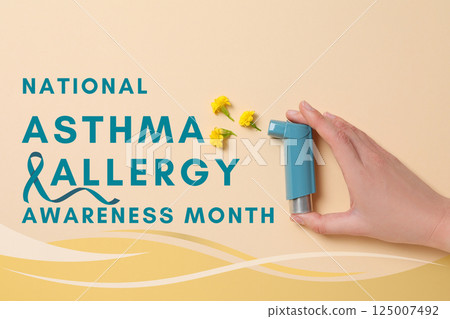 Asthma and Allergy awareness month, A hand holds an inhaler against a soft yellow floral backdrop, raising asthma awareness Asthma and Allergy awareness month, A hand holds an inhaler against a soft yellow floral backdrop, raising asthma awareness 125007492