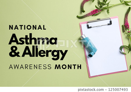 Asthma and Allergy awareness month, A clipboard with a blank sheet, inhaler, and greenery display awareness for asthma and allergies Asthma and Allergy awareness month, A clipboard with a blank sheet, inhaler, and greenery display awareness for asthma and allergies 125007493