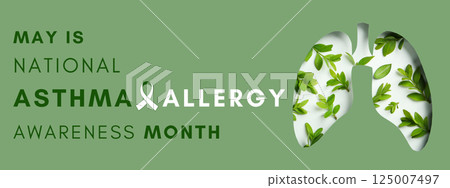 National Asthma and Allergy Awareness Month features lungs and greenery on a soft green background 125007497