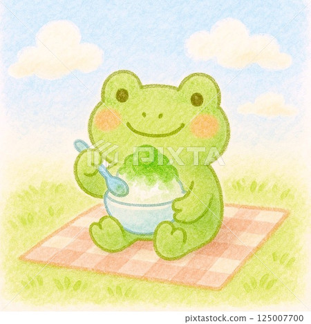 青蛙角色吃刨冰的夏日野餐插圖 125007700
