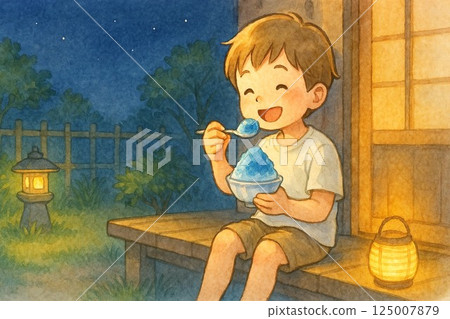 夏夜，男孩在陽台上吃刨冰的水彩畫 125007879