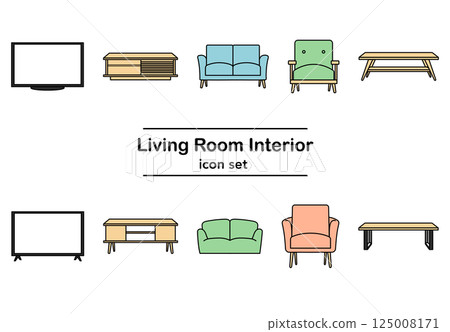 客廳家具的簡單線條插圖圖示集（彩色） 125008171