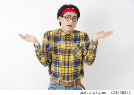 Akihabara-style male, giving up gesture, white background, looking at camera 125008252