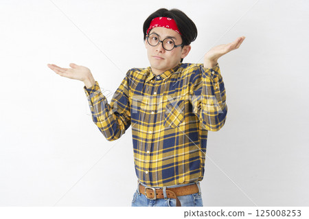 Akihabara-style male, giving up gesture, white background, looking at camera Akihabara-style male, giving up gesture, white background, looking at camera 125008253