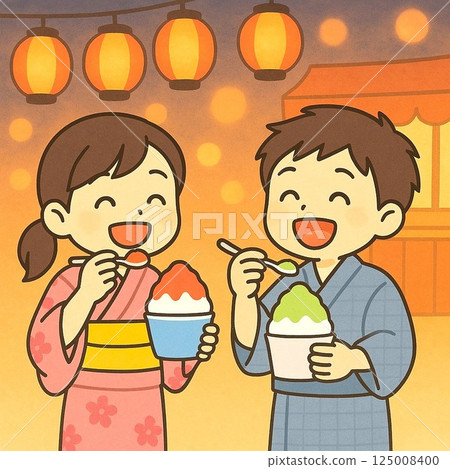 An illustration of men and women in yukatas enjoying shaved ice on a summer festival night 125008400