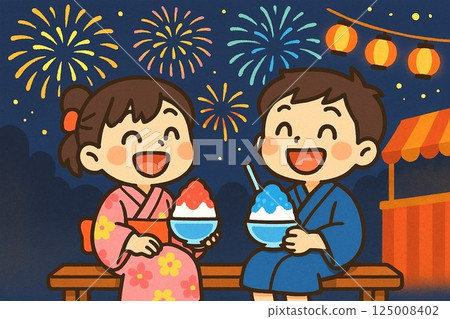 A summer festival illustration of men and women in yukata enjoying shaved ice at a fireworks festival A summer festival illustration of men and women in yukata enjoying shaved ice at a fireworks festival 125008402