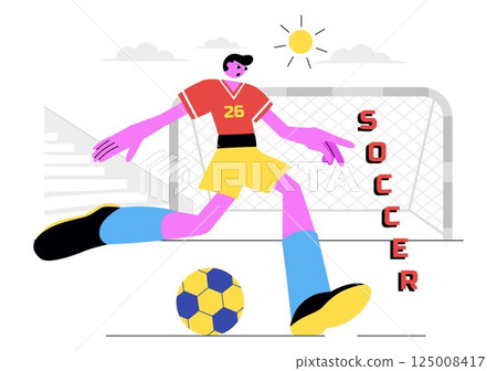Soccer Vector Illustration Featuring a Man Kicking a Soccer Ball on a Green Field for a Football League and Sports Match in a Flat Cartoon Background 125008417