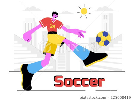 Soccer Vector Illustration Featuring a Man Kicking a Soccer Ball on a Green Field for a Football League and Sports Match in a Flat Cartoon Background 125008419