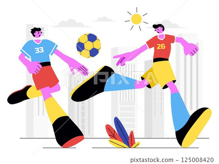 Soccer Vector Illustration Featuring a Man Kicking a Soccer Ball on a Green Field for a Football League and Sports Match in a Flat Cartoon Background Soccer Vector Illustration Featuring a Man Kicking a Soccer Ball on a Green Field for a Football League and Sports Match in a Flat Cartoon Background 125008420