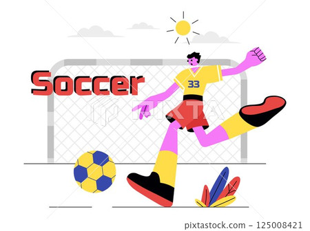 Soccer Vector Illustration Featuring a Man Kicking a Soccer Ball on a Green Field for a Football League and Sports Match in a Flat Cartoon Background Soccer Vector Illustration Featuring a Man Kicking a Soccer Ball on a Green Field for a Football League and Sports Match in a Flat Cartoon Background 125008421