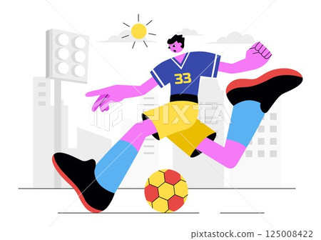 Soccer Vector Illustration Featuring a Man Kicking a Soccer Ball on a Green Field for a Football League and Sports Match in a Flat Cartoon Background 125008422