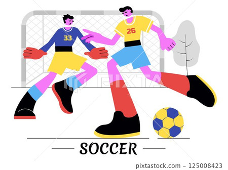 Soccer Vector Illustration Featuring a Man Kicking a Soccer Ball on a Green Field for a Football League and Sports Match in a Flat Cartoon Background 125008423