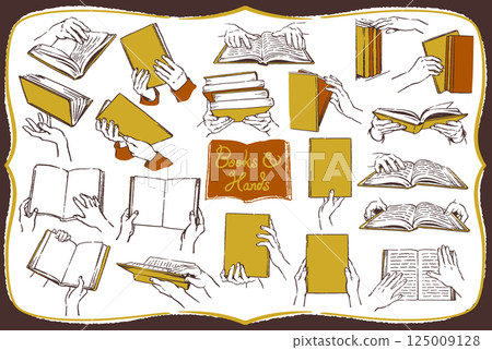 一組閱讀、打開、拿著書等的手的插圖。向量插圖素材。 一組閱讀、打開、拿著書等的手的插圖。向量插圖素材。 125009128
