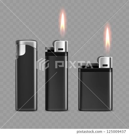 Black Lighter Set with Flame Icon Realistic Vector 125009437