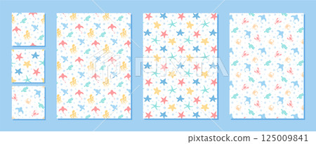 Seamless underwater marine life set in flat cartoon graphic style pattern. Featuring starfish, crabs, and octopuses across an aquatic pattern. Vibrant marine design highlights ocean life concepts for 125009841