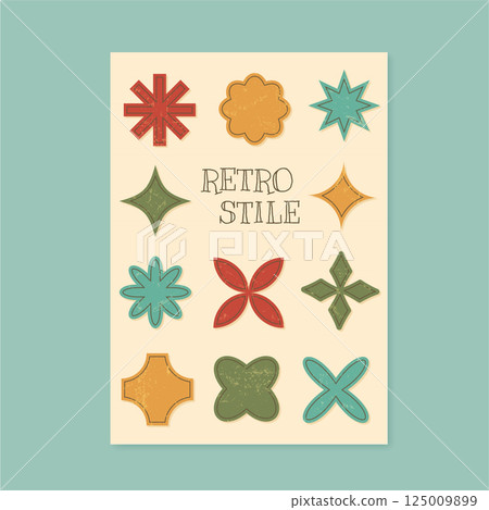 Set of retro geometric shapes in funky grunge badge style. Emblem symbols inspired by 70s and y2k brutalism. Decorative flower motifs, minimal abstract forms, creative vintage elements with bold Set of retro geometric shapes in funky grunge badge style. Emblem symbols inspired by 70s and y2k brutalism. Decorative flower motifs, minimal abstract forms, creative vintage elements with bold 125009899