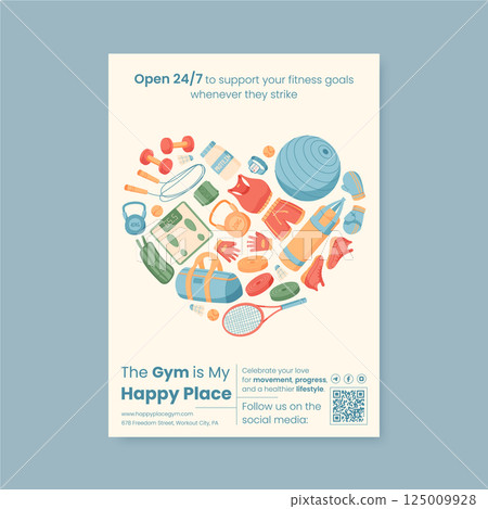 Minimal gym banner design with sport equipment and workout tools. Healthy lifestyle and fitness training concept with wellness accessories. Perfect for exercise wellness background, stylish poster, 125009928