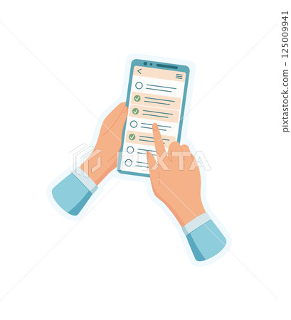 A hand holds a smartphone, tapping an application. A user interacts with a digital device, gesturing with finger. Technology sticker displays cool communication scene modern media. A hand holds a smartphone, tapping an application. A user interacts with a digital device, gesturing with finger. Technology sticker displays cool communication scene modern media. 125009941