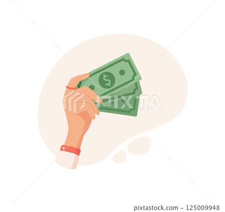 Hand holds cash and money. Human gesture of bill transfer and payment. Finance concept, digital style, suitable for financial themes business illustrations. 125009948