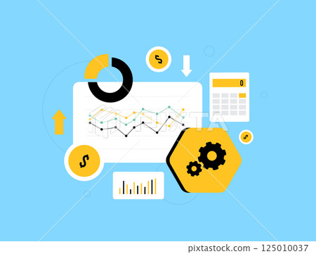 Automated financial forecasting tools support budget planning and cost analysis with data-driven predictions, helping businesses manage resources. Automated forecast vector illustration and icons 125010037