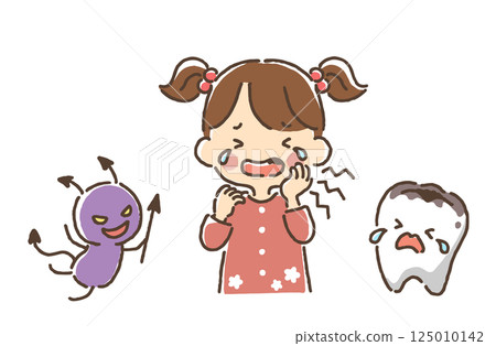 一個女孩因蛀牙、蛀牙和蛀牙細菌而哭泣 一個女孩因蛀牙、蛀牙和蛀牙細菌而哭泣 125010142