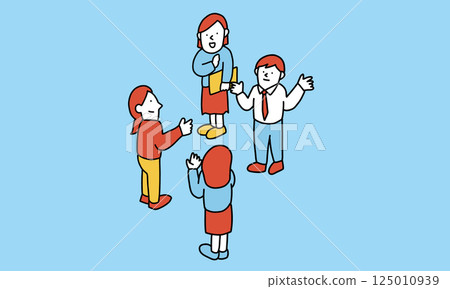 Communication in the workplace: Business team talking while standing in a workplace with many women 125010939