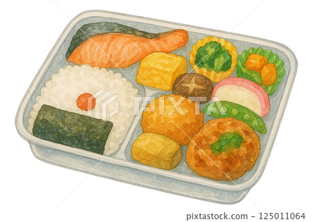 幕之內便當（烤鮭魚、煎蛋捲和燉菜）的水彩插圖 125011064