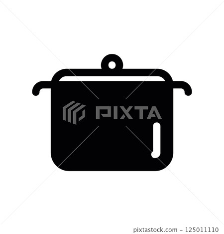 Black Cooking Pot Silhouette Icon with Lid and Single Side Handle Bar 125011110