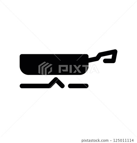 Black Frying Pan Silhouette Heating Up on a Stylized Gas Burner Flame 125011114