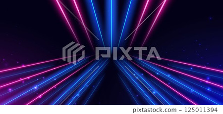 Abstract technology futuristic neon glowing blue and pink light lines with lighting effect on dark blue background. 125011394