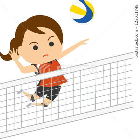 Illustration of a female volleyball player spiking the ball 125011749