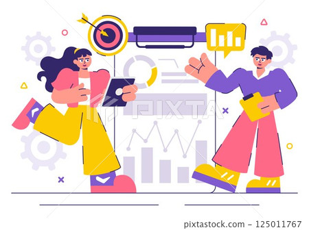 Market Research and Analysis Vector Illustration with Team Management and Analytics for Creating Data Statistics in a Flat Style Cartoon Background 125011767