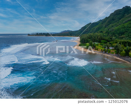 Aerial view of Kauai island's coastline featuring a sandy beach, turquoise ocean waters with visible reefs, and lush green forested hills in the backdrop. 125012076