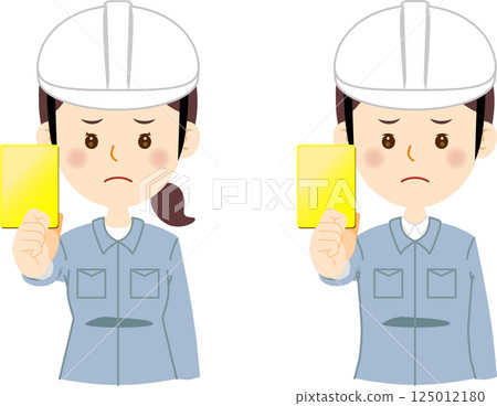 穿著工作服的男女發出黃牌 穿著工作服的男女發出黃牌 125012180