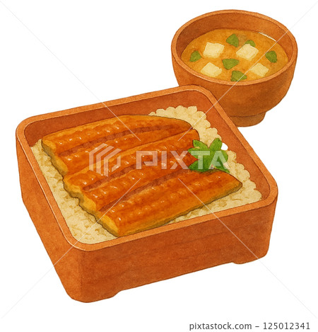 Watercolor illustration of a set of unaju and miso soup 125012341