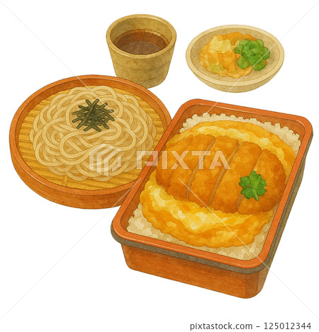 Watercolor illustration of a set meal of Zaru Udon and Katsudon (with small bowl and soba sauce) 125012344