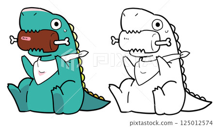A gourmet dinosaur is surprised at the large piece of meat he is about to eat. 125012574