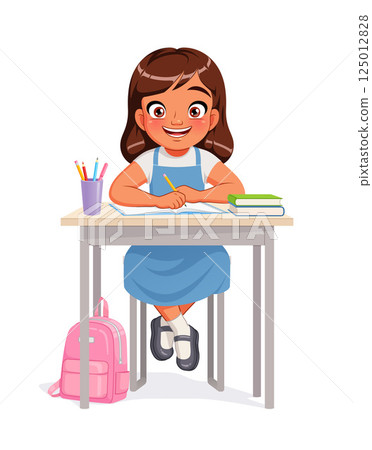 Cute little school girl sitting at the desk. Cartoon vector illustration. 125012828