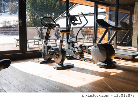 A gym with exercise equipment on a wooden floor, large glass doors opening to a deck with lounge chairs, and views of snow and evergreen trees in the Italian Alps. 125012872