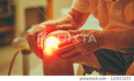 Elderly male experiencing knee pain at home with inflammation highlight 125013255