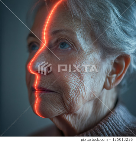 Elderly female with red laser line on face, facial recognition concept 125013256