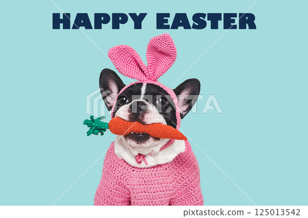 Happy Easter. Cute puppy and congratulatory inscription Happy Easter. Cute puppy and congratulatory inscription 125013542