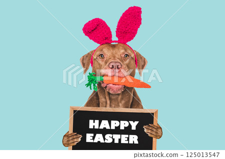 Happy Easter. Cute dog and congratulatory inscription 125013547