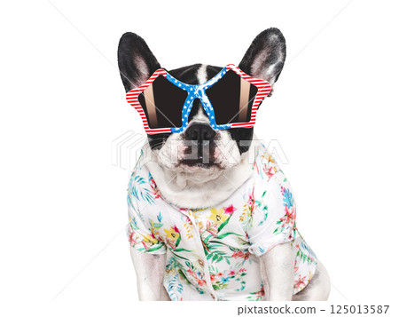 Cute puppy, sunglasses and bright shirt. Studio shot 125013587