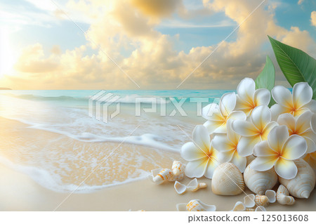 海灘上的白色花朵和大海（AI 生成的圖像） 125013608