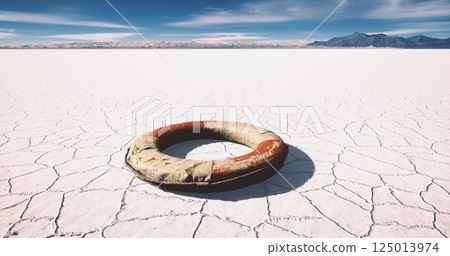 Lifebuoy on dry salt flat with mountains in the background during daytime Lifebuoy on dry salt flat with mountains in the background during daytime 125013974