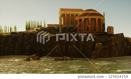Ruins of an ancient Roman temple overlooking a serene body of water Ruins of an ancient Roman temple overlooking a serene body of water 125014159
