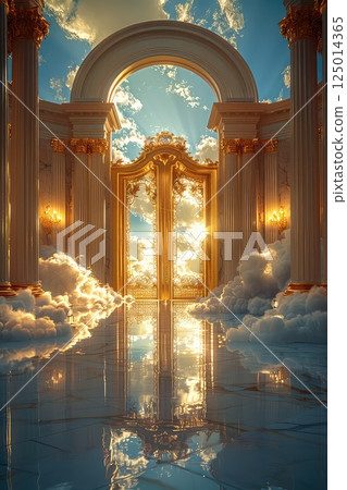 Closed golden gates of Paradise against the background of white clouds. Closed entrance to Paradise for sinners. Closed golden gates of Paradise stand as a barrier for those lost in sin. Closed golden gates of Paradise against the background of white clouds. Closed entrance to Paradise for sinners. Closed golden gates of Paradise stand as a barrier for those lost in sin. 125014365